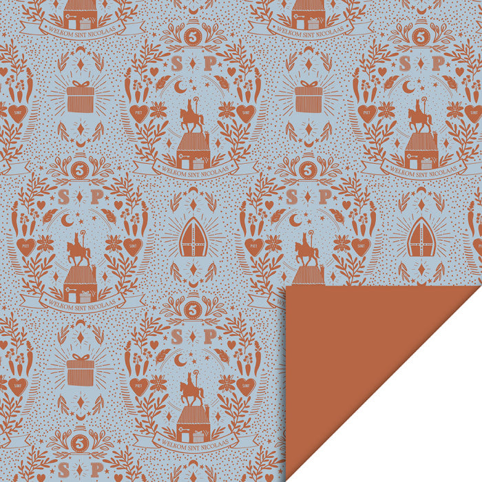 HOP Cadeaupapier | 5 dec | Sint Illustratie Blue | Cognac  | 70 cm x 3 mtr