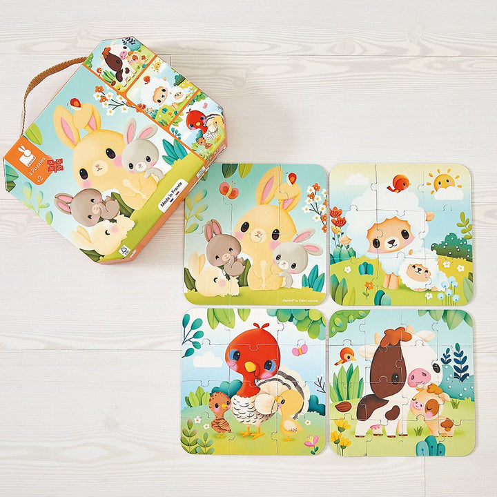 Janod | 4 Puzzels | Boerderij | 20x 20 cm | 6 - 9 - 12 - 16 stukjes | 2+ - Kleine Eland