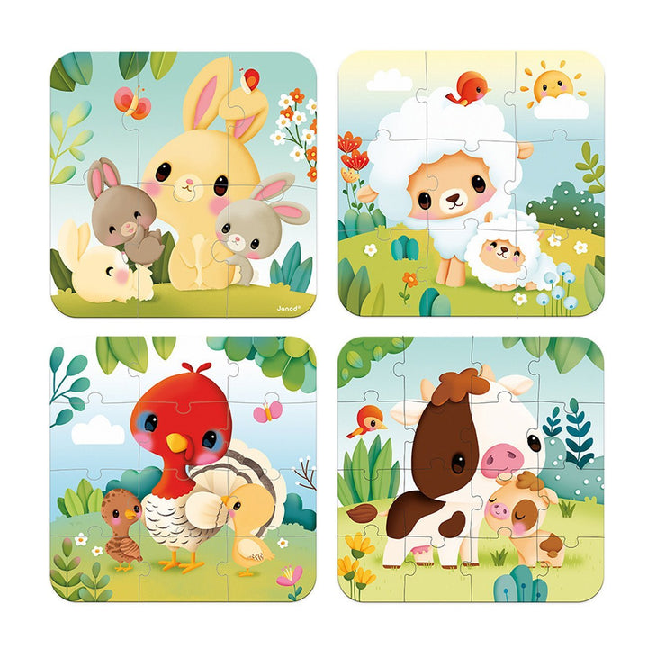 Janod | 4 Puzzels | Boerderij | 20x 20 cm | 6 - 9 - 12 - 16 stukjes | 2+ - Kleine Eland