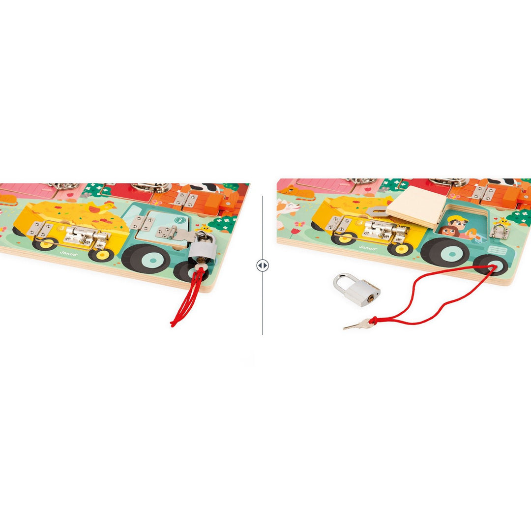 Janod | Houten Speelgoed | Activiteitenbord met sloten en grendels | 34,5 x 24,5 cm | 3+ - Kleine Eland