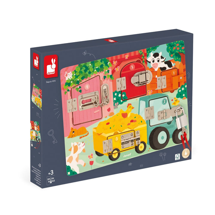Janod | Houten Speelgoed | Activiteitenbord met sloten en grendels | 34,5 x 24,5 cm | 3+ - Kleine Eland