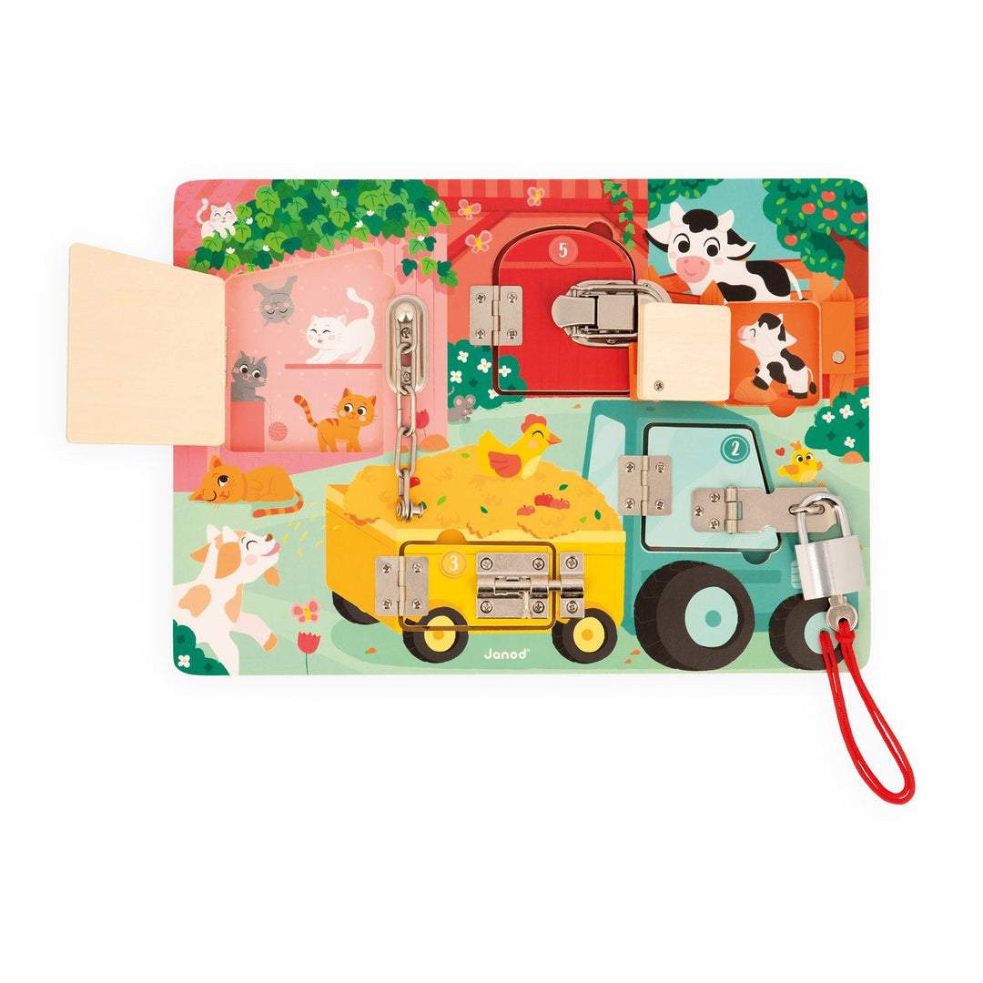 Janod | Houten Speelgoed | Activiteitenbord met sloten en grendels | 34,5 x 24,5 cm | 3+ - Kleine Eland