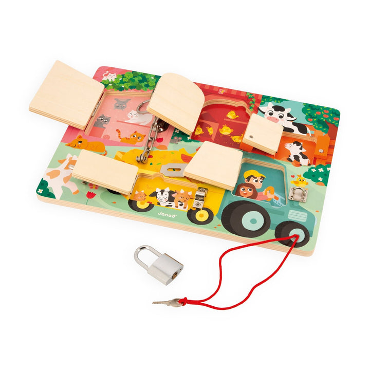 Janod | Houten Speelgoed | Activiteitenbord met sloten en grendels | 34,5 x 24,5 cm | 3+ - Kleine Eland