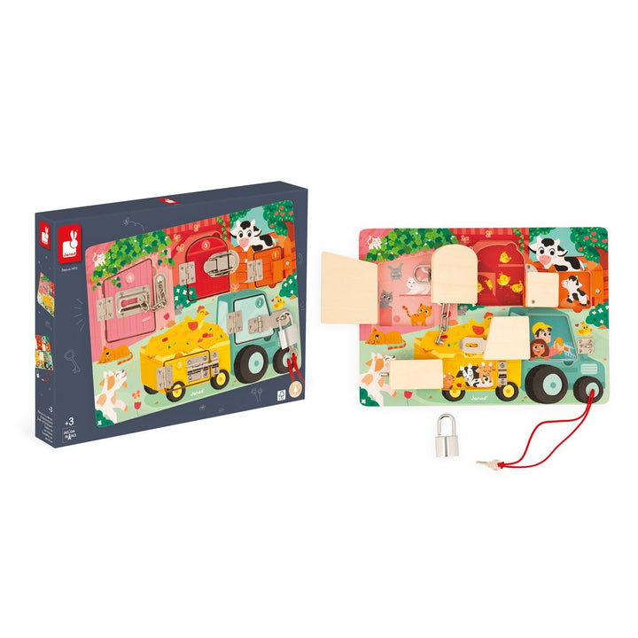 Janod | Houten Speelgoed | Activiteitenbord met sloten en grendels | 34,5 x 24,5 cm | 3+ - Kleine Eland
