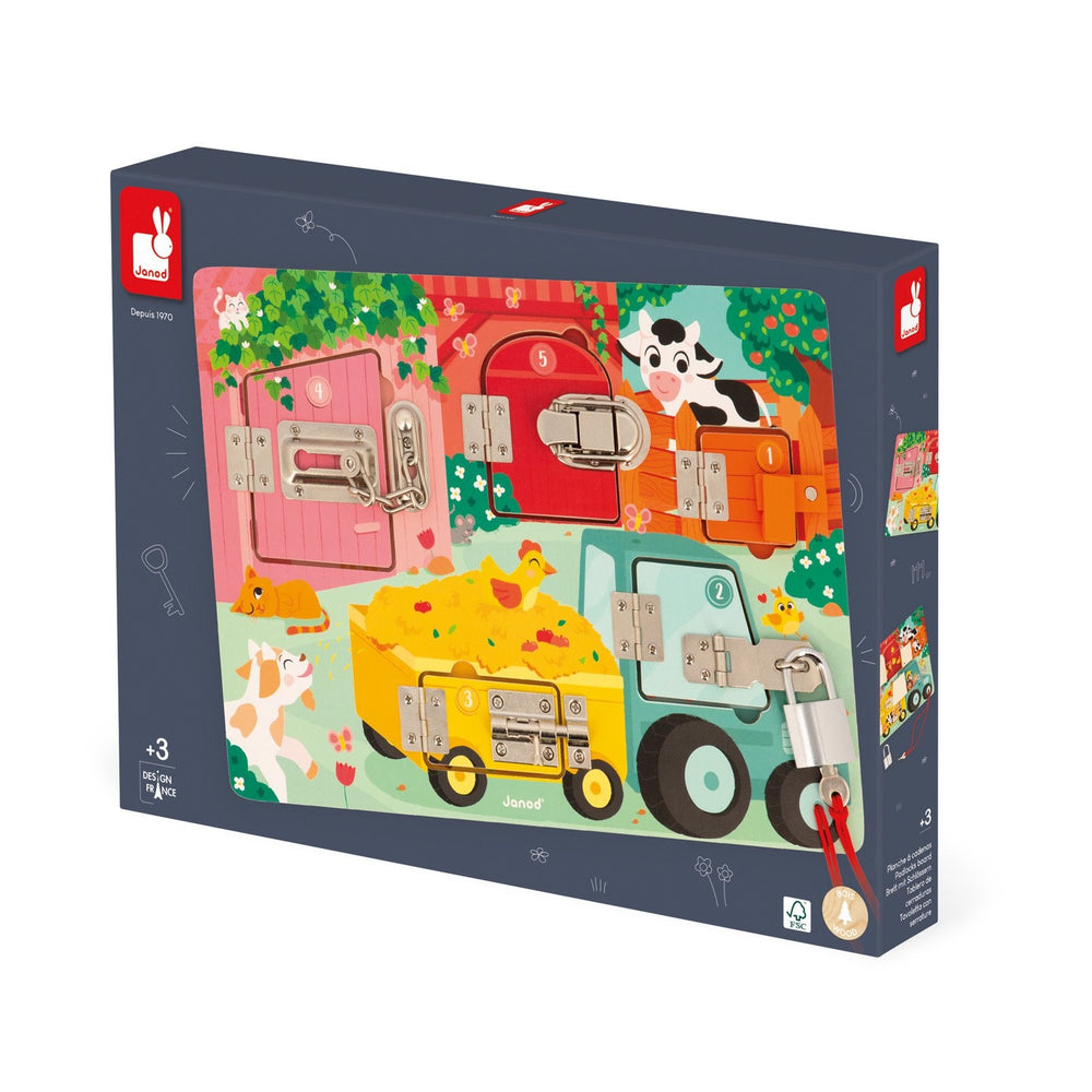 Janod | Houten Speelgoed | Activiteitenbord met sloten en grendels | 34,5 x 24,5 cm | 3+ - Kleine Eland