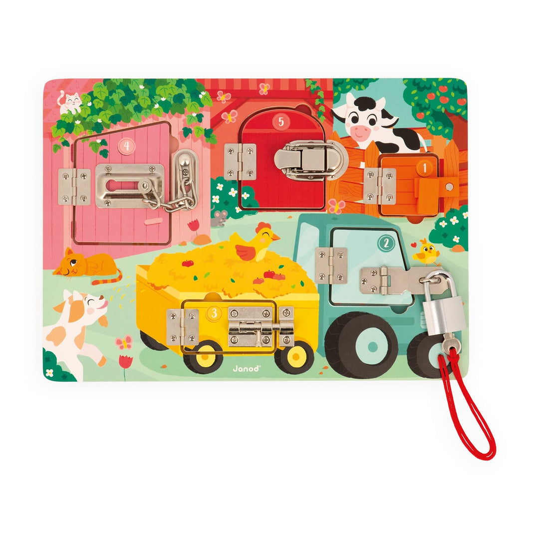 Janod | Houten Speelgoed | Activiteitenbord met sloten en grendels | 34,5 x 24,5 cm | 3+ - Kleine Eland