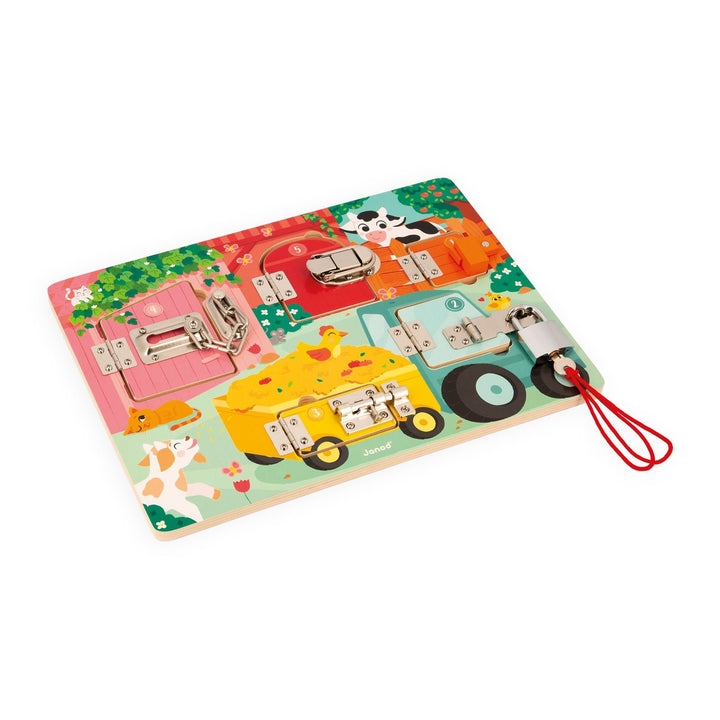 Janod | Houten Speelgoed | Activiteitenbord met sloten en grendels | 34,5 x 24,5 cm | 3+ - Kleine Eland