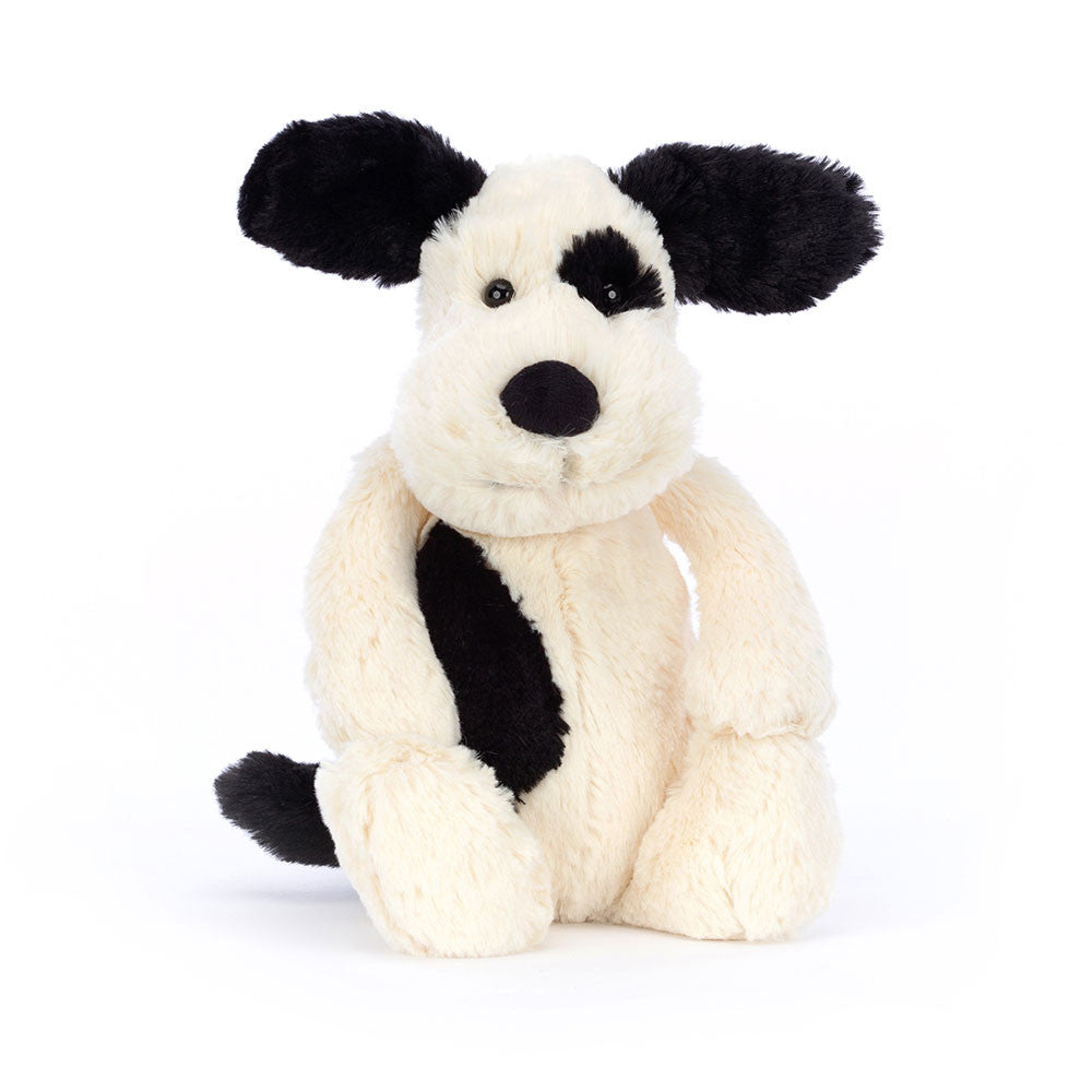 Jellycat Bashful Rufferty Black &amp; Cream Puppy Original, Vorderansicht