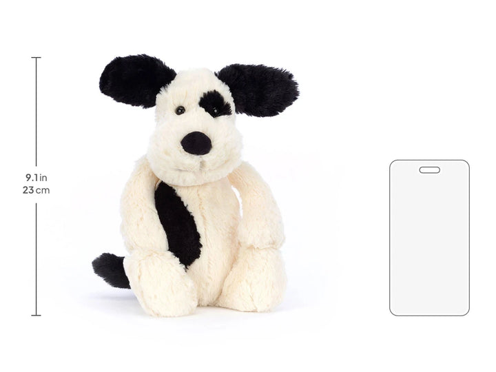 Jellycat Bashful Rufferty Black &amp; Cream Puppy Original, Größenbild mit 23 cm Sitzhöhe