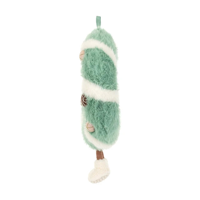Jellycat Amuseables Pinecone Wreath: grüner Weihnachtskranz aus Plüsch mit Tannenzapfen und hellen Streifen, Seitenansicht.