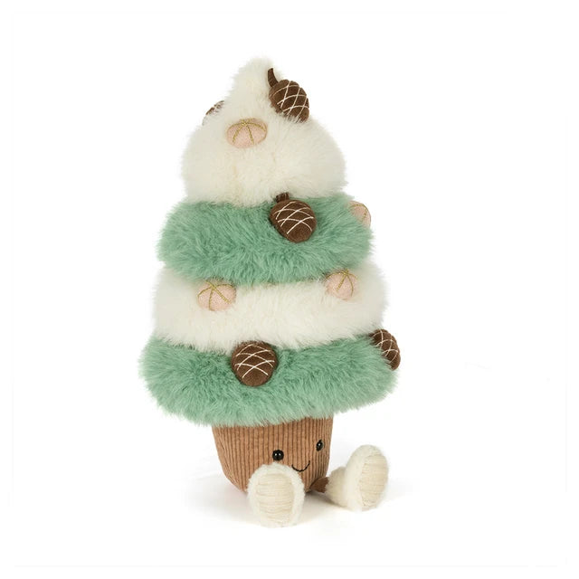 Jellycat Amuseables Pinecone Tree: Plüsch-Weihnachtsbaum mit grünen und weißen Schichten und Tannenzapfen, Vorderansicht.