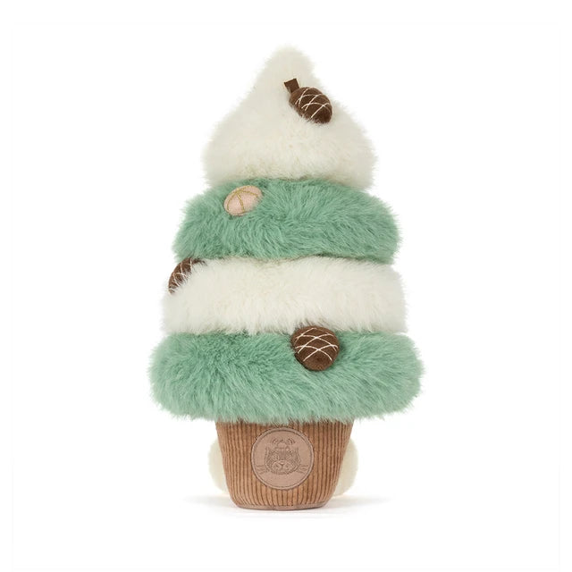 Jellycat Amuseables Pinecone Tree: Plüsch-Weihnachtsbaum mit grünen und weißen Schichten und Tannenzapfen, Rückansicht.