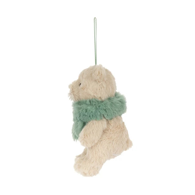 Jellycat Bartholomew Bear Jr. Winter Warmer Decoration: beige pluchen beer met groene sjaal en ophanglus, zijkant.