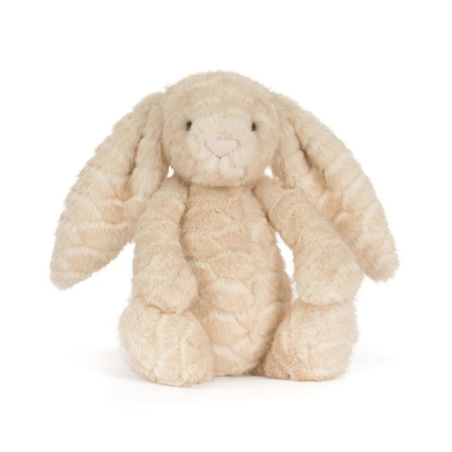 Jellycat Franilla Luxe Bunny: beige knuffelkonijn met lange hangoren, voorzijde.