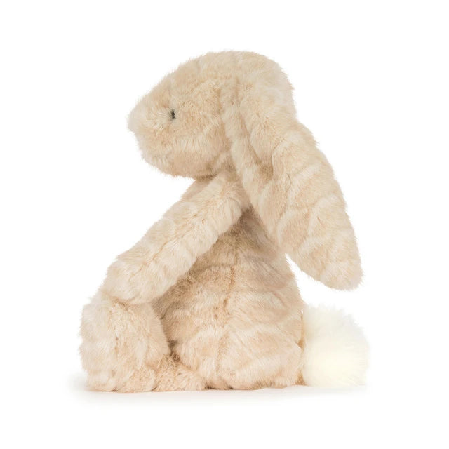 Jellycat Franilla Luxe Bunny: beige knuffelkonijn met lange hangoren, zijkant.