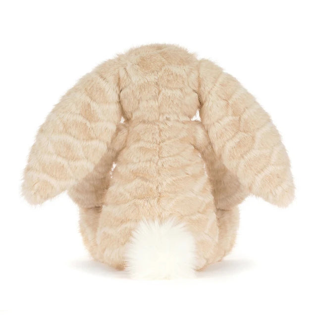 Jellycat Franilla Luxe Bunny: beige knuffelkonijn met lange hangoren, achterzijde.
