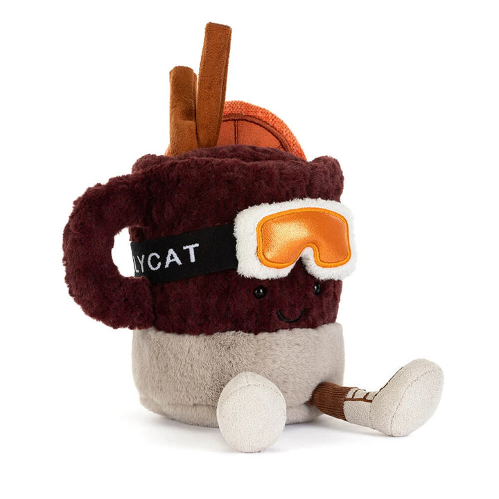 Jellycat Amuseables Mullover Spiced Drink, donkere mok met oranje skibril en snowboard