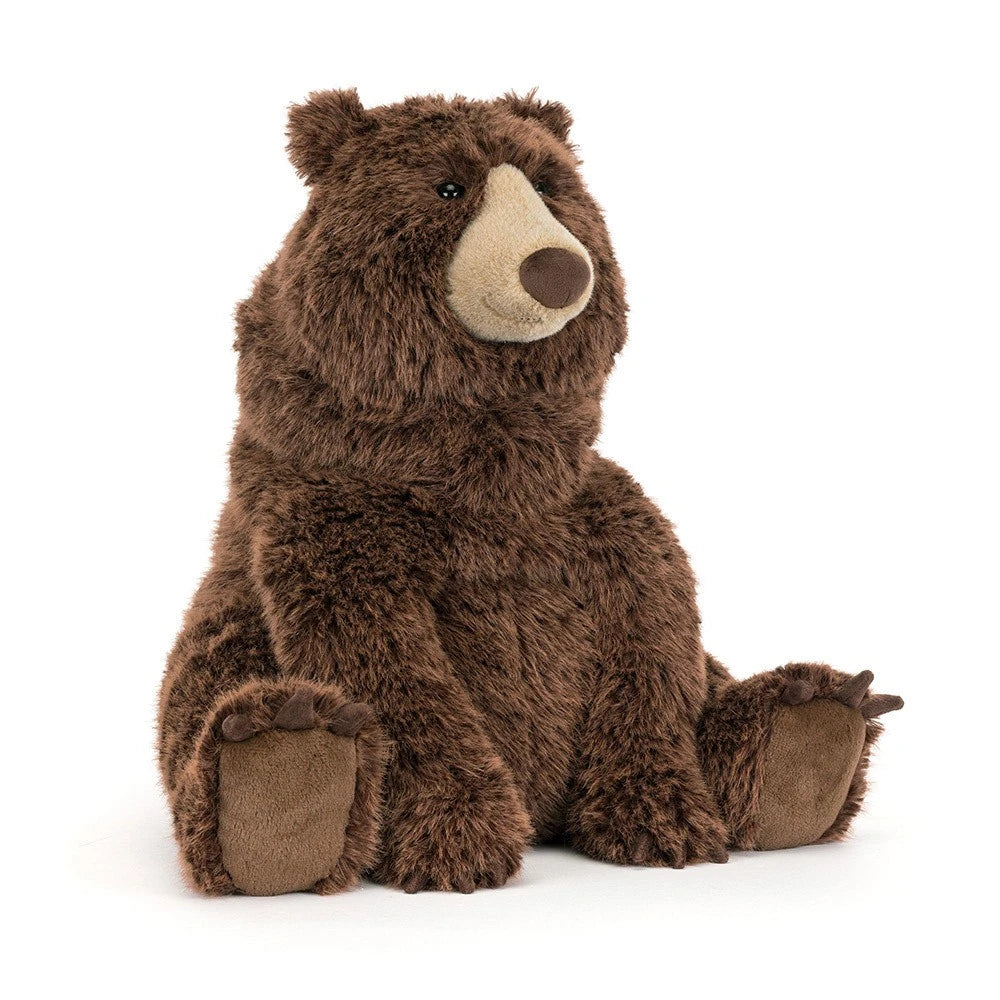 Jellycat Bizzlestomp Bear, large brown bear with beige muzzle and paw pads