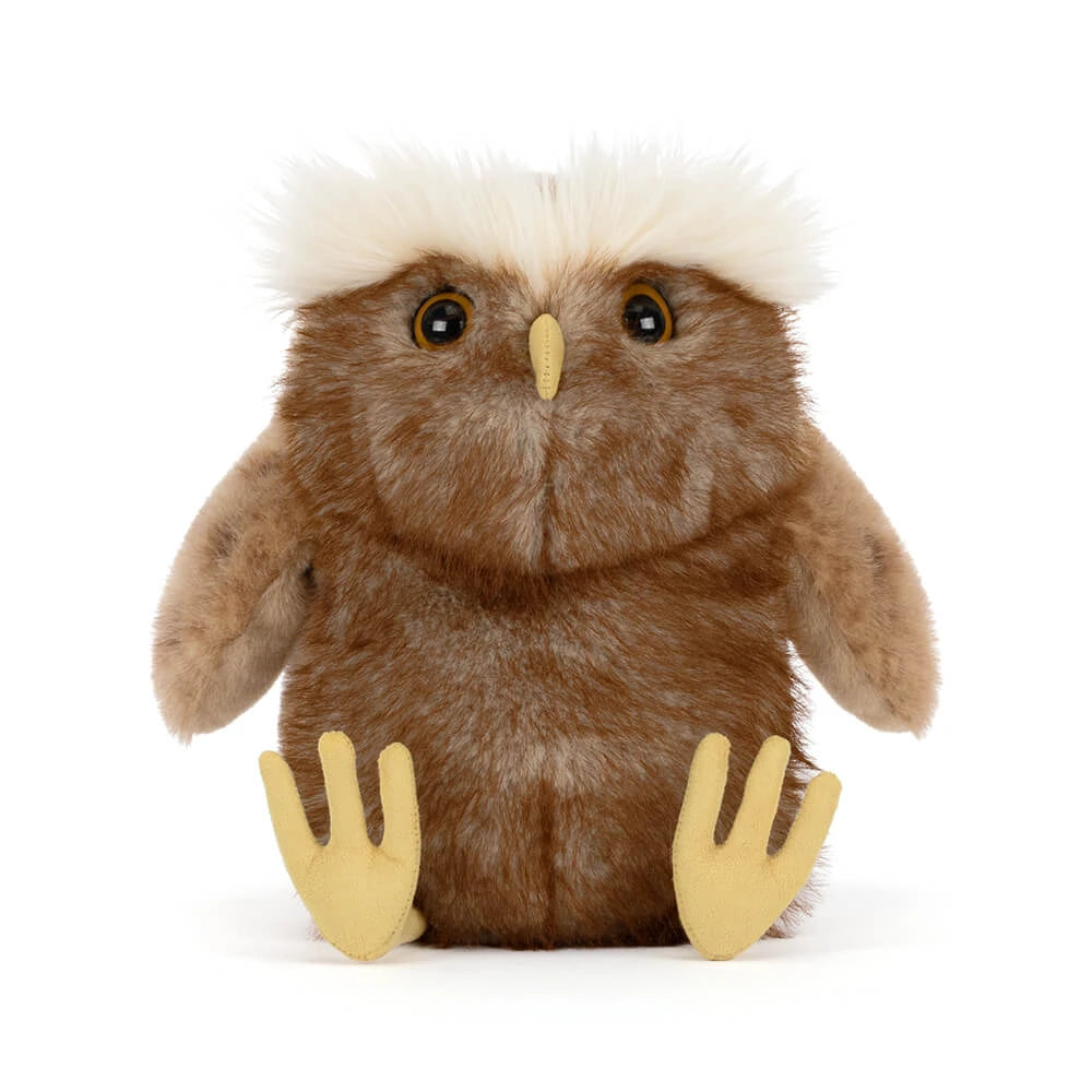 Vorderansicht von Jellycat Tawoola Owl mit gelben Füßen