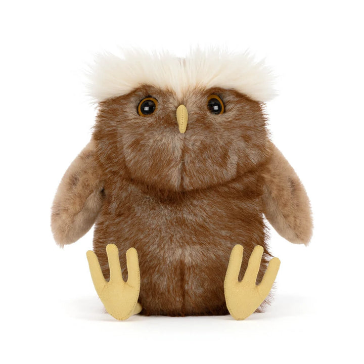 Vorderansicht von Jellycat Tawoola Owl mit gelben Füßen