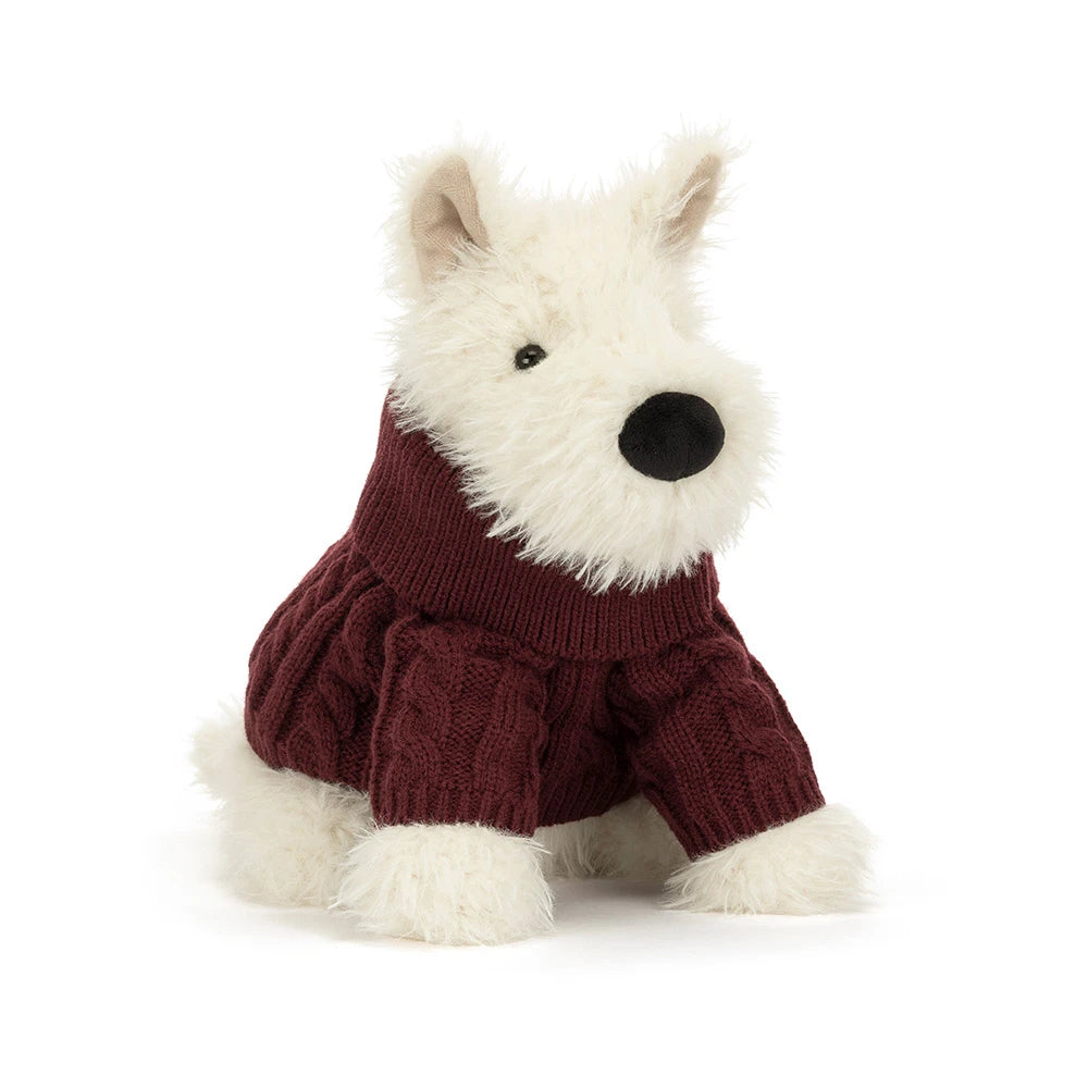 Jellycat Munro Scottie Dog wearing a dark red knitted Winter Jumper