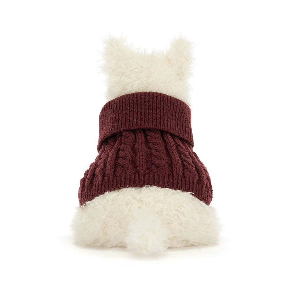 Rear view of Jellycat Munro Scottie Dog in knitted Winter Jumper