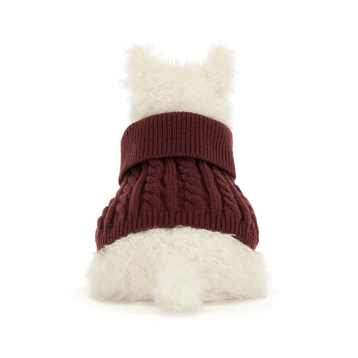 Rear view of Jellycat Munro Scottie Dog in knitted Winter Jumper