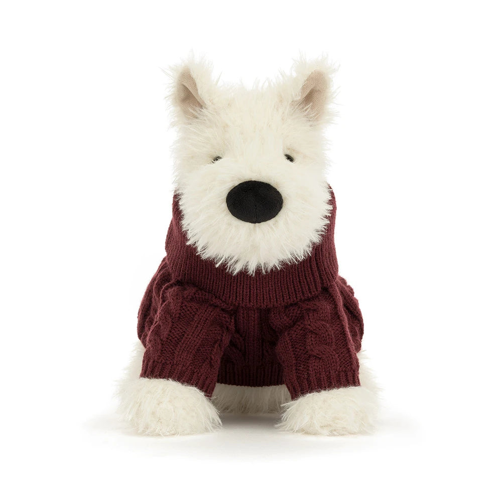 Front view of Jellycat Munro Scottie Dog wearing a knitted Winter Jumper