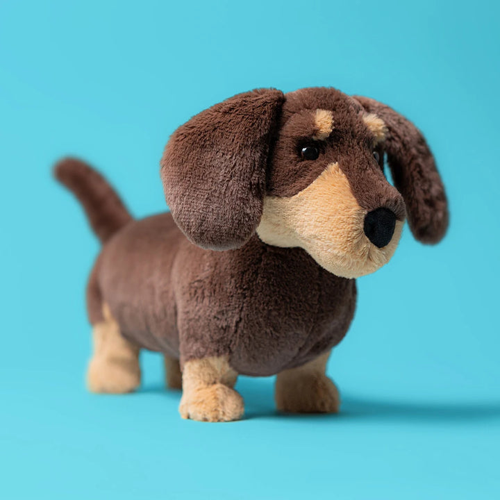 Jellycat Otto Sausage Dog Medium against a turquoise background