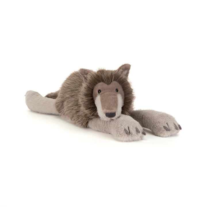 Jellycat Ulrich Wolf liggend, met grijzige vacht en lichtgrijze poten