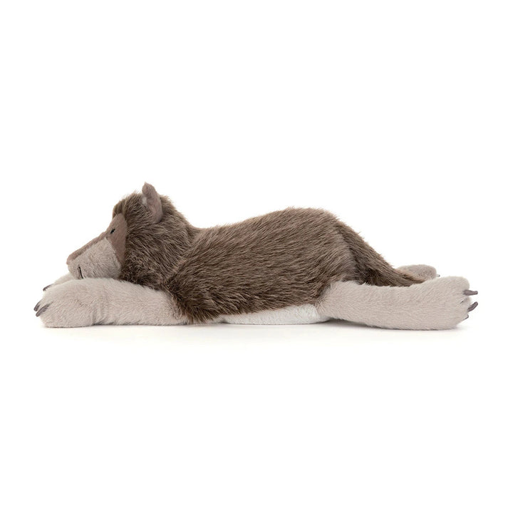 Zijaanzicht van de liggende Jellycat Ulrich Wolf