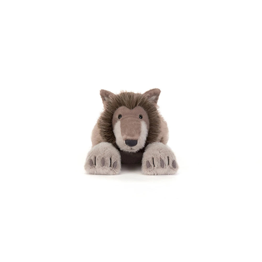 Vooraanzicht van de liggende Jellycat Ulrich Wolf met uitgestrekte poten