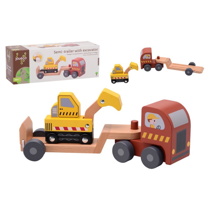 Jouéco | Houten Oplegger met graafmachine | 32 cm | 18 maanden+ - Kleine Eland