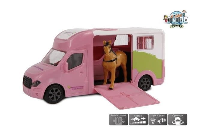 Kids Globe | Die - cast | Pullback | Roze Paardentruck | met Hinnikend Paard | 20 cm | 3+ - Kleine Eland