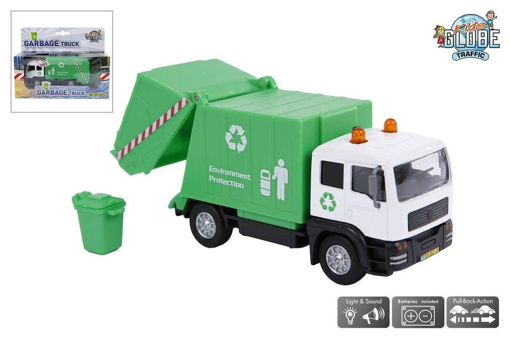 Kids Globe | Die Cast | Vuilniswagen | Pullback met licht en geluid | 3+ - Kleine Eland
