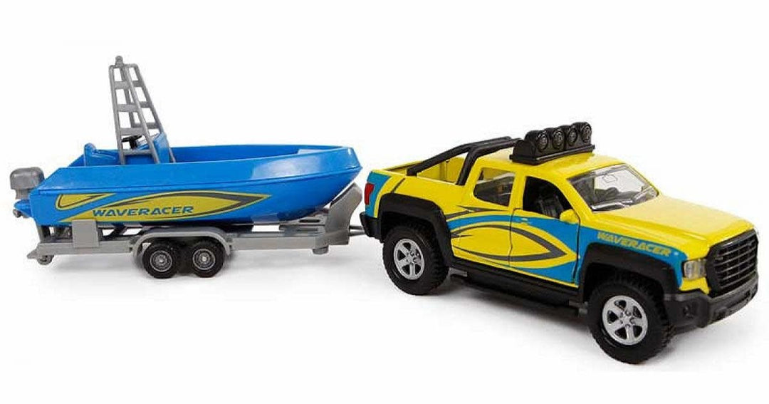 Kids Globe | pull back | Terreinwagen met trailer en boot | met licht en geluid | 29 cm | 3+ - Kleine Eland