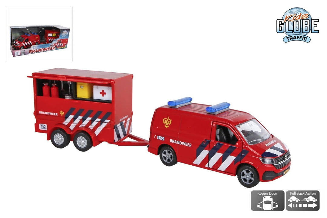 Kids Globe | Volkswagen | Die Cast Metal | 1:36 | Pullback Action | Open Door | Brandweer | 28 cm - Kleine Eland