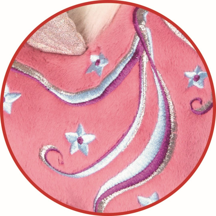 Detail of embroidered hearts on pink Berry unicorn