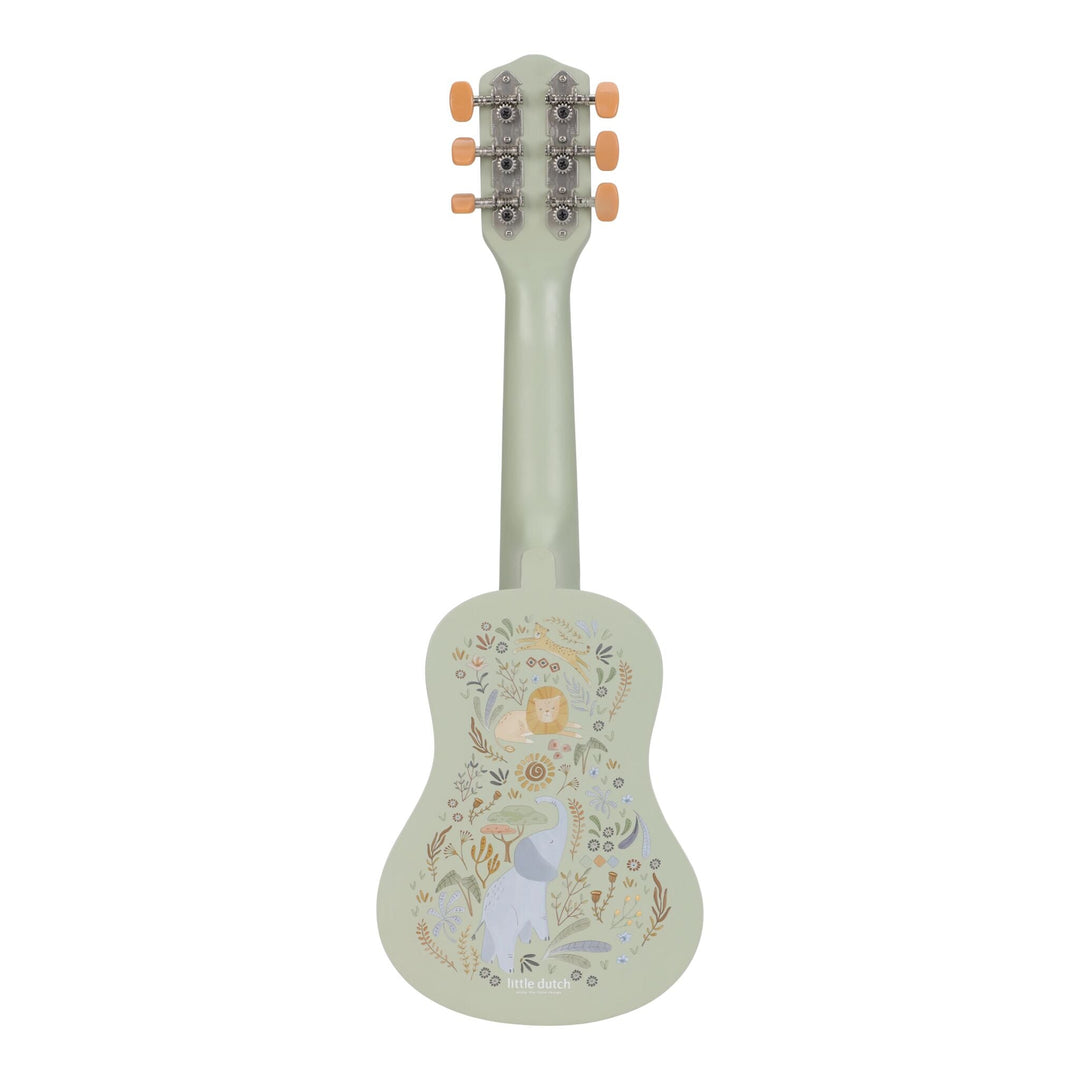 Achterkant van de groene Little Dutch Safari Friends houten gitaar