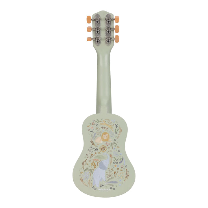 Achterkant van de groene Little Dutch Safari Friends houten gitaar