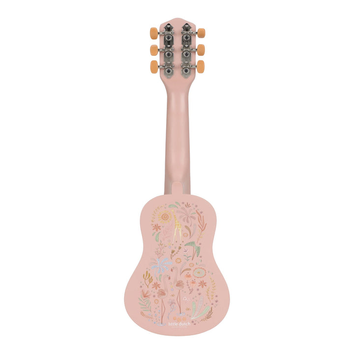 Achterkant van de roze Little Dutch Safari Friends houten gitaar