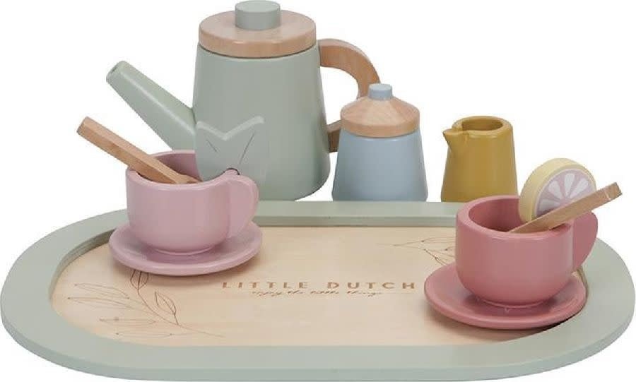 Little Dutch | Houten Thee Servies | Flowers | 14 delig | Theepot 9,5 hoog | 2+ - Kleine Eland