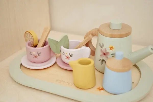 Little Dutch | Houten Thee Servies | Flowers | 14 delig | Theepot 9,5 hoog | 2+ - Kleine Eland