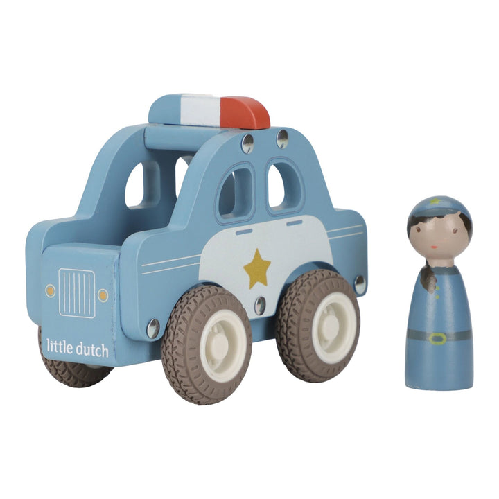 Blaues Little Dutch-Polizeiauto mit der separaten Polizeifigur daneben