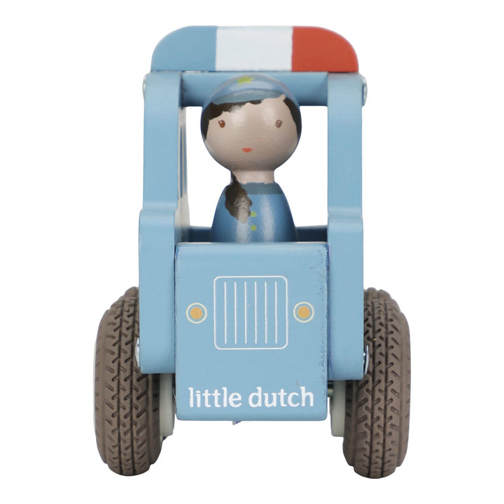 Vorderansicht des Little Dutch-Polizeiautos mit Kühlergrill und Polizeifigur