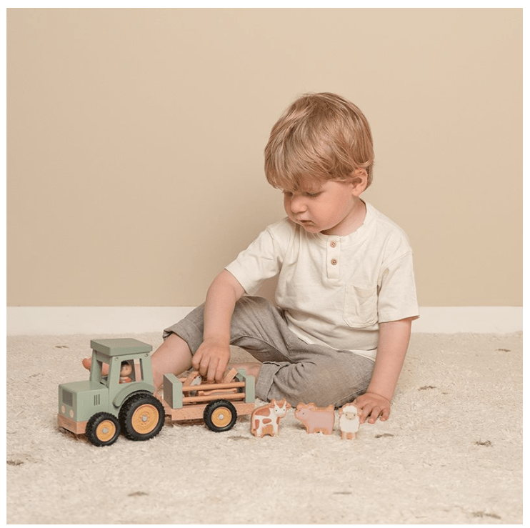 Little Dutch | Tractor met Trailer | Little Farm | 30 cm | 10 delig | +18 maanden - Kleine Eland