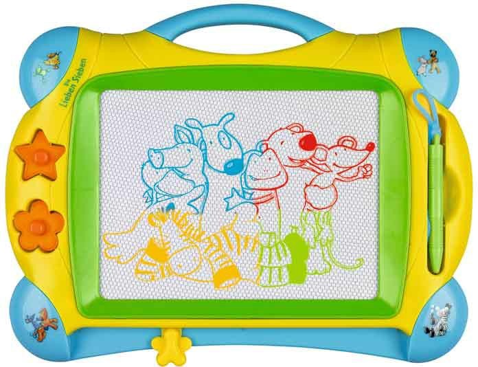 Geel en blauw magnetisch tekenbord uit The Friendly Seven met draaghendel