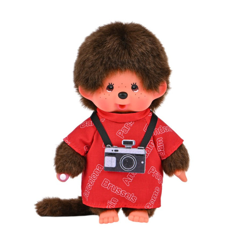 20 cm großer Monchhichi Tourist Boy im roten Oberteil mit Kamera