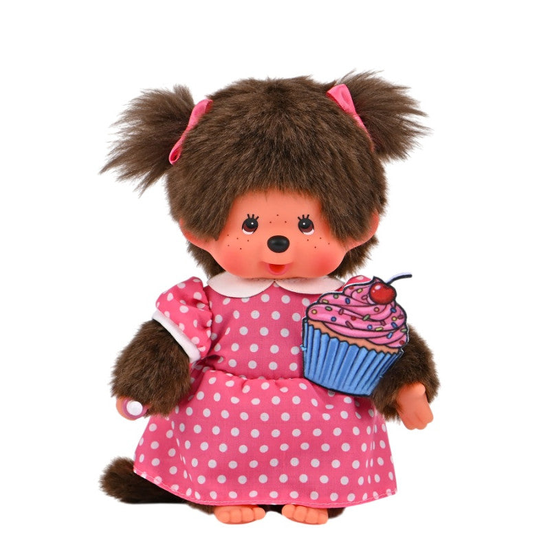20 cm großes Monchhichi Cup Cake Girl im rosa Punktekleid mit Cupcake