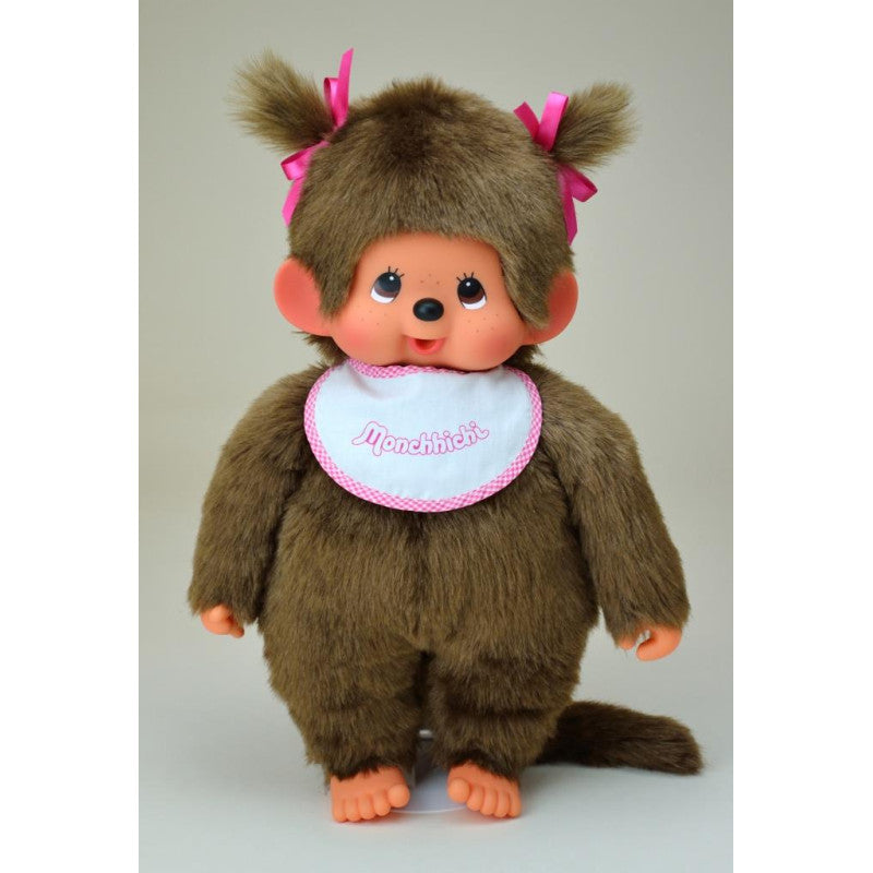 45 cm großes Monchhichi Mädchen mit rosa Lätzchen und zwei Zöpfen